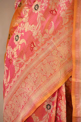 Peach Pure Banarasi Saree with Gold Zari Floral Jaal