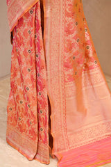 Peach Pure Banarasi Saree with Gold Zari Floral Jaal