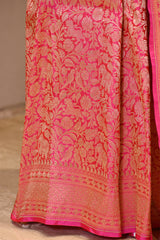 Rani Pink Pure Banarasi Saree with Shikargah Jaal