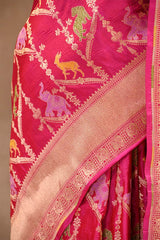 Pink Pure Banarasi Saree with Floral-Shikargah & Meenakari Work