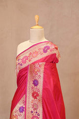 Magenta Pink Banarasi Saree with Gold Zari Floral Meenakari Border