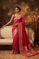 Women in Magenta Pink Banarasi Saree with Gold Zari Floral Meenakari Border