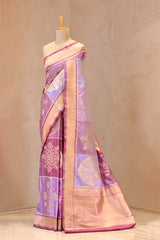 Lilac Pure Banarasi Silk Saree with Checks & Floral Butas