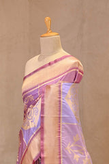 Lilac Pure Banarasi Silk Saree with Checks & Floral Butas