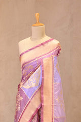 Lilac Pure Banarasi Silk Saree with Checks & Floral Butas
