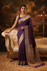 Women in an Luxury Ambience wearing a Pure Purple Banarasi Saree_Silk Mark Certified