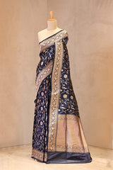 Navy Blue Pure Banarasi Silk Saree with Floral Jaal