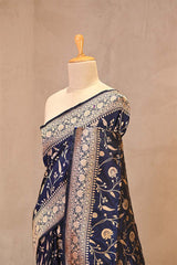 Navy Blue Pure Banarasi Silk Saree with Floral Jaal