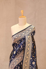 Navy Blue Pure Banarasi Silk Saree with Floral Jaal