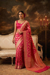 Pink Pure Banarasi Silk Saree with Polka Dot Butas