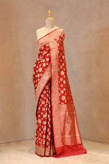 Red Pure Banarasi Silk Saree with Polka Dot Butas
