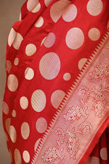 Red Pure Banarasi Silk Saree with Polka Dot Butas