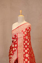 Red Pure Banarasi Silk Saree with Polka Dot Butas