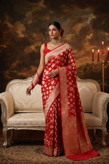 Women in Red Banarasi Silk Saree, with Polka Dots and gold jwellery