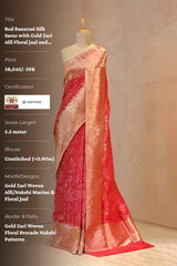 Red Banarasi Silk Saree with Gold Zari Alfi Floral Jaal and Nakshi Border