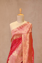 Red Banarasi Silk Saree with Gold Zari Alfi Floral Jaal and Nakshi Border