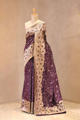 Deep Purple Banarasi Silk Saree with Gold Zari Alfi Floral Jaal and Nakshi Border