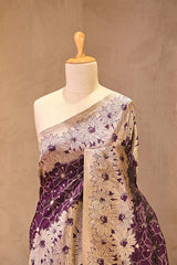 Deep Purple Banarasi Silk Saree with Gold Zari Alfi Floral Jaal and Nakshi Border