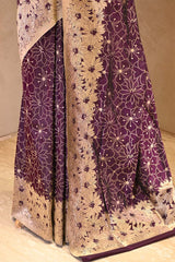 Deep Purple Banarasi Silk Saree with Gold Zari Alfi Floral Jaal and Nakshi Border