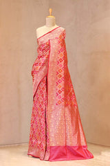 Pink Pure Banarasi Silk Saree With Rangkat Geometrical Jaal