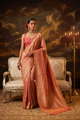 Coral Peach Pure Banarasi Silk Saree with Brocade Ogee Pattern