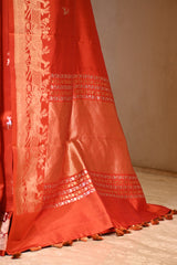 Orange Banarasi Silk Saree with Gold Zari Deer Butis