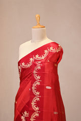Red Banarasi Silk Saree with Gold Zari Leaf Butis