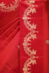 Red Banarasi Silk Saree with Gold Zari Leaf Butis