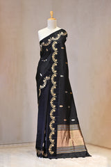 Black Banarasi Silk Saree with Gold Zari Leaf Butis