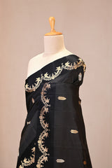 Black Banarasi Silk Saree with Gold Zari Leaf Butis