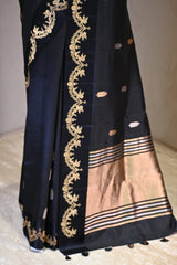 Black Banarasi Silk Saree with Gold Zari Leaf Butis