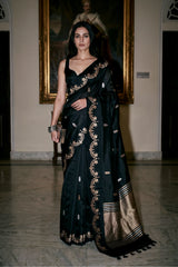 Black Banarasi Silk Saree with Gold Zari Leaf Butis