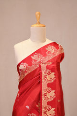 Deep Red Banarasi Silk Saree with Zari Pakshi Butis