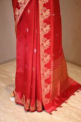 Deep Red Banarasi Silk Saree with Zari Pakshi Butis