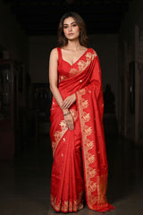 Deep Red Banarasi Silk Saree with Zari Pakshi Butis