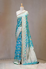 Teal Blue Banarasi Silk Saree with Zari Floral Meenakari