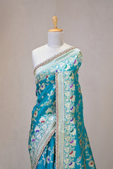 Teal Blue Banarasi Silk Saree with Zari Floral Meenakari