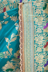 Teal Blue Banarasi Silk Saree with Zari Floral Meenakari