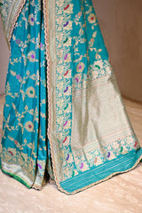 Teal Blue Banarasi Silk Saree with Zari Floral Meenakari