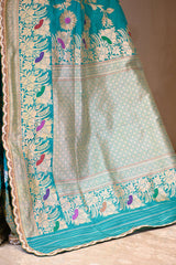 Teal Blue Banarasi Silk Saree with Zari Floral Meenakari