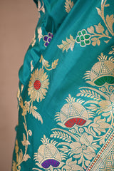 Teal Blue Banarasi Silk Saree with Zari Floral Meenakari