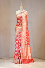 Red Katan Silk Saree with Kadhwa Zari Jaal & Meenakari