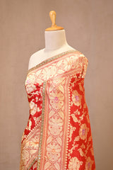 Red Katan Silk Saree with Kadhwa Zari Jaal & Meenakari