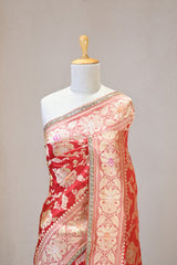 Red Katan Silk Saree with Kadhwa Zari Jaal & Meenakari