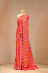 Pink Shaded Banarasi Gajji Silk Saree with Gold Zari Scalloped Border