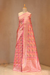 Pink Katan Silk Saree with Rangkat Multicolour Arched Motifs