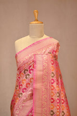 Pink Katan Silk Saree with Rangkat Multicolour Arched Motifs