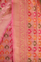 Pink Katan Silk Saree with Rangkat Multicolour Arched Motifs