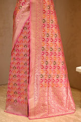 Pink Katan Silk Saree with Rangkat Multicolour Arched Motifs