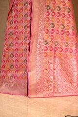 Pink Katan Silk Saree with Rangkat Multicolour Arched Motifs